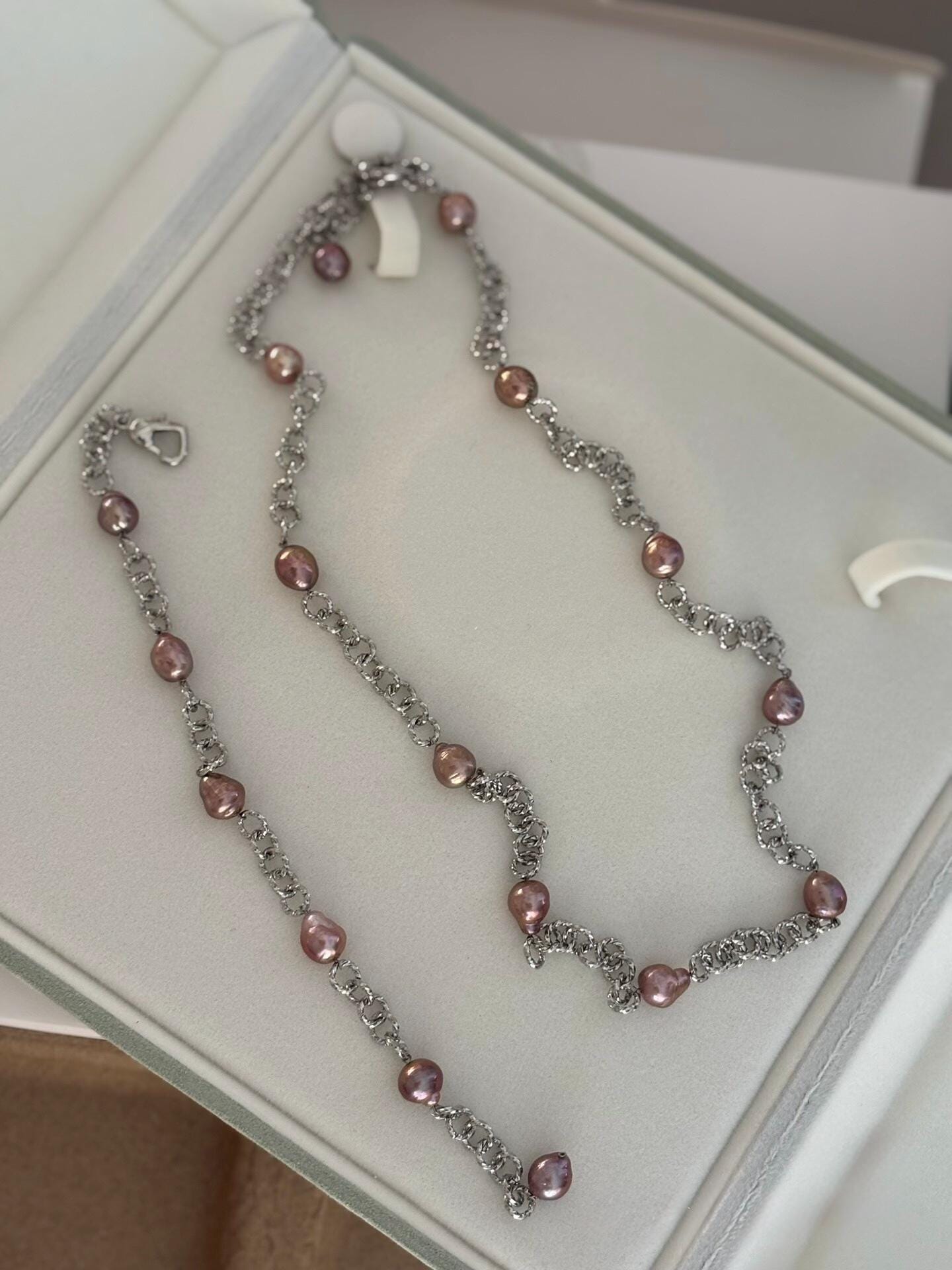 Lavender Baroque Pearl & Silver Link Necklace Bracelet Set