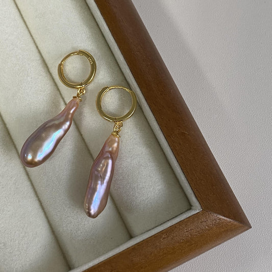 Gold Hoop Baroque Pink Purple Pearl Drop Earrings