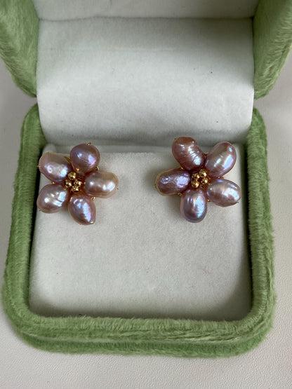 Spring Flower Purple Freshwater Pearl Stud Earrings