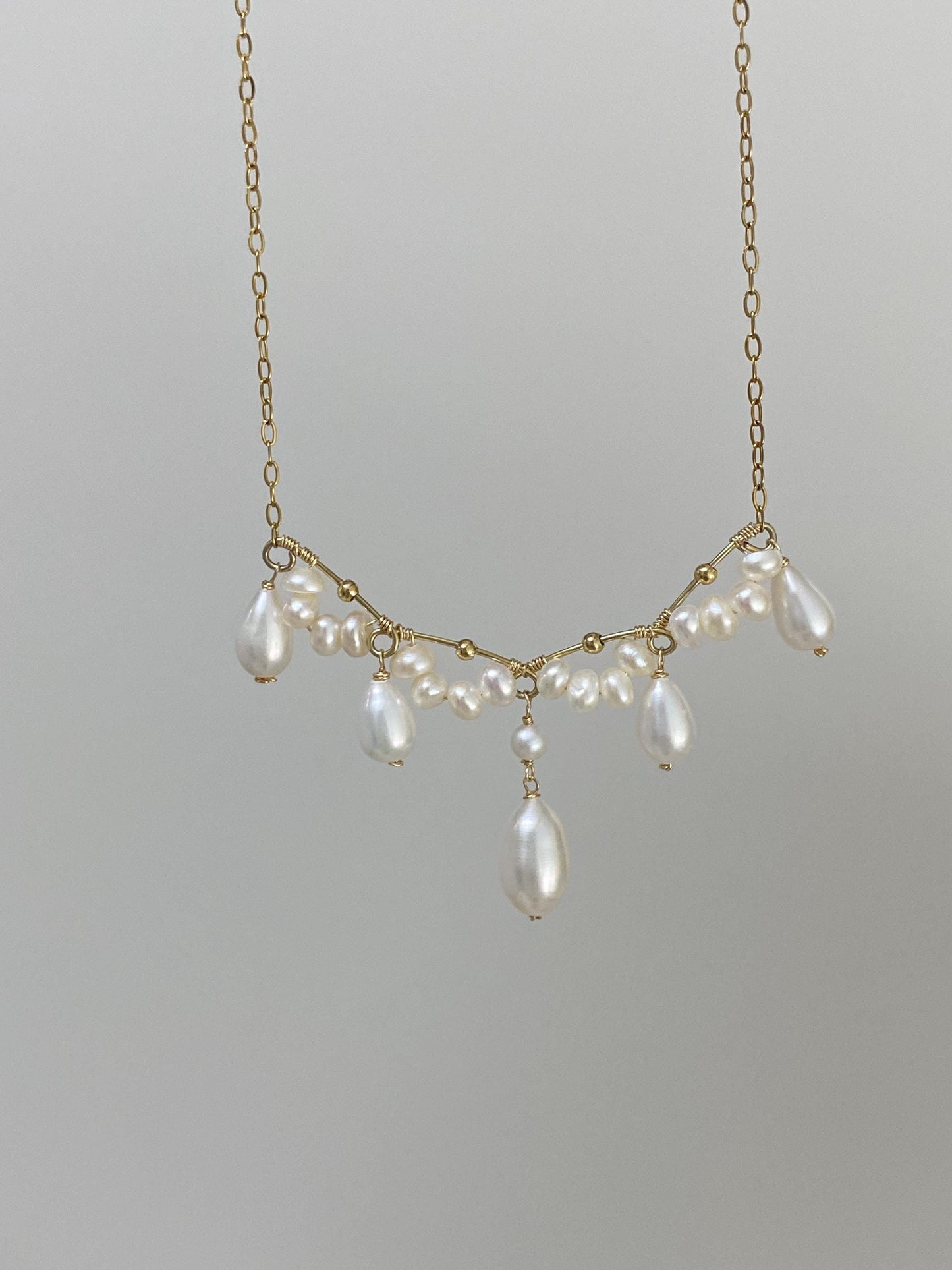 Dainty Freshwater Pearl Drop Necklace Gold Wire Wrapped