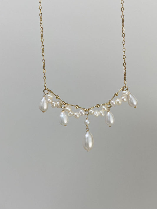 Dainty Freshwater Pearl Drop Necklace Gold Wire Wrapped