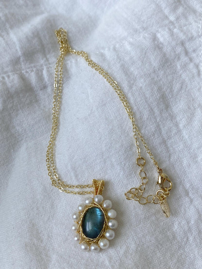 Labradorite & Pearl Wire Wrapped Pendant Necklace