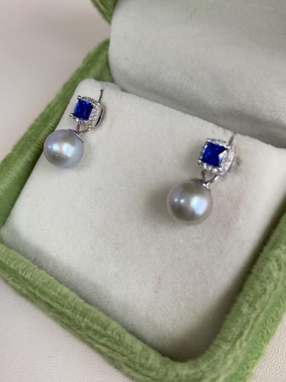 Akoya Pearl & Blue CZ Drop Earrings in Sterling Silver