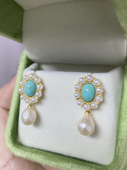 Vintage Turquoise & Baroque Pearl Dangle Earrings
