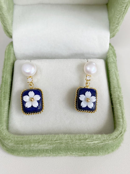 Vintage Lapis Lazuli & Pearl Gold Drop Earrings