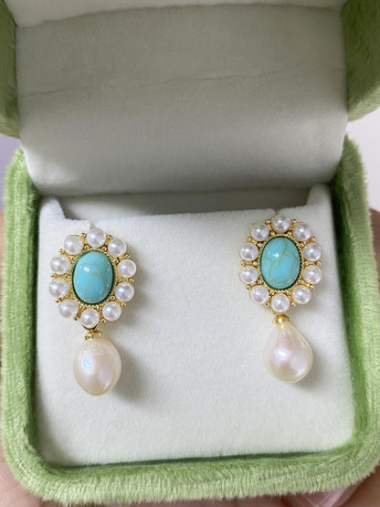 Vintage Turquoise & Baroque Pearl Dangle Earrings