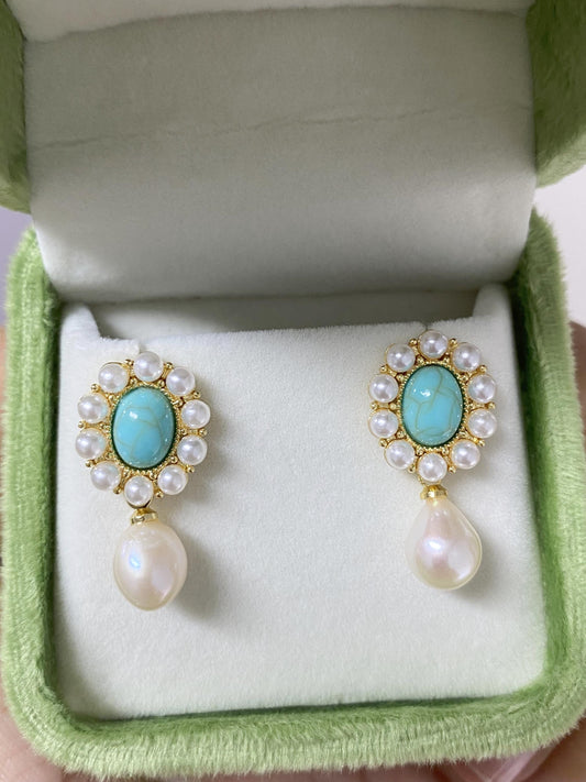 Vintage Turquoise & Baroque Pearl Dangle Earrings
