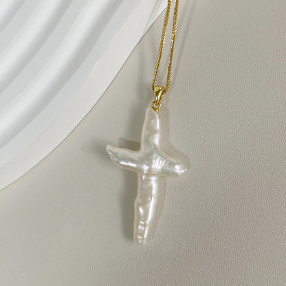 Natural Baroque Pearl Cross Pendant Necklace