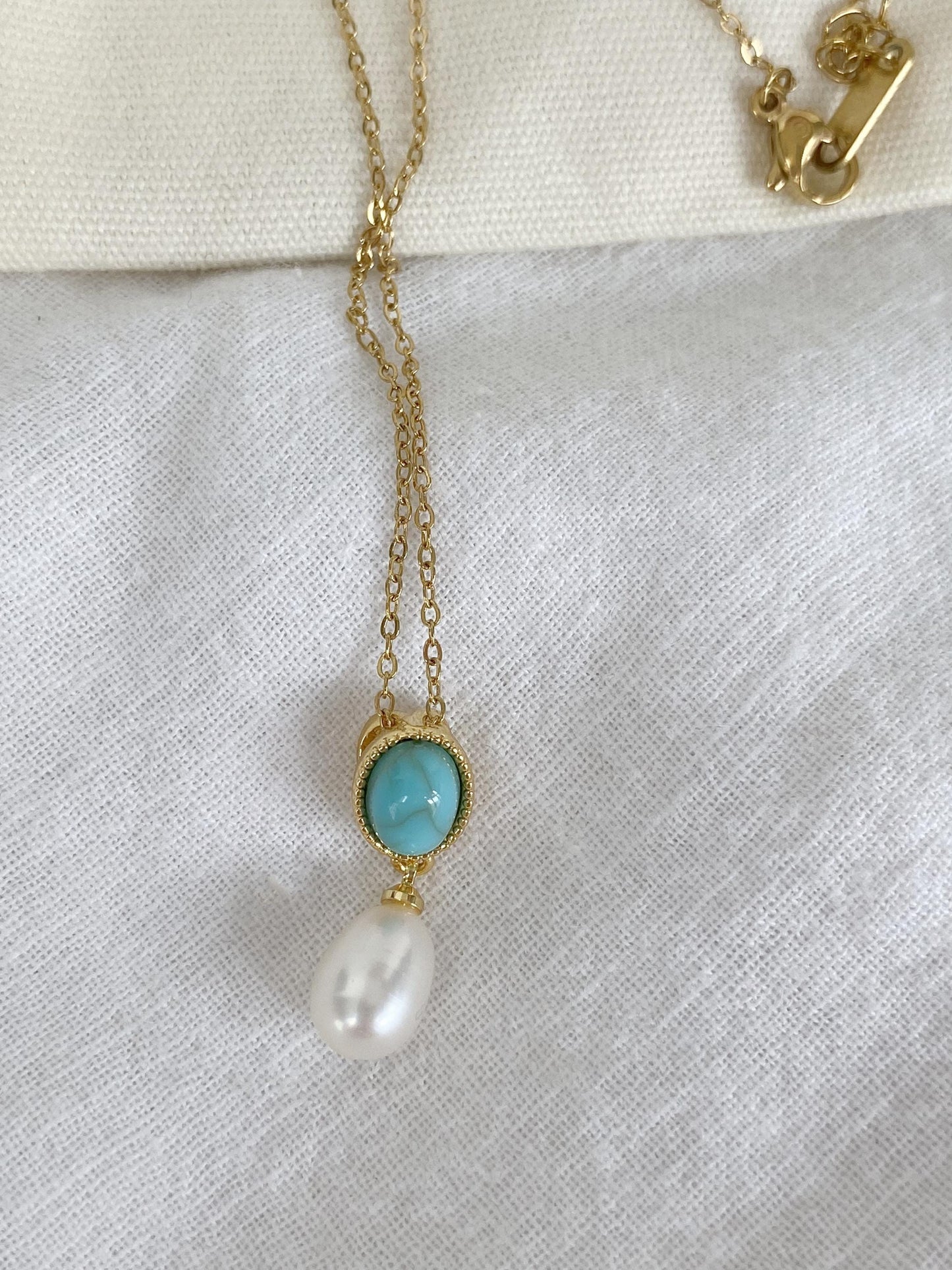 Turquoise & Pearl Pendant Necklace 18K Gold Plated