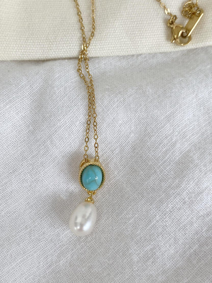 Turquoise & Pearl Pendant Necklace 18K Gold Plated