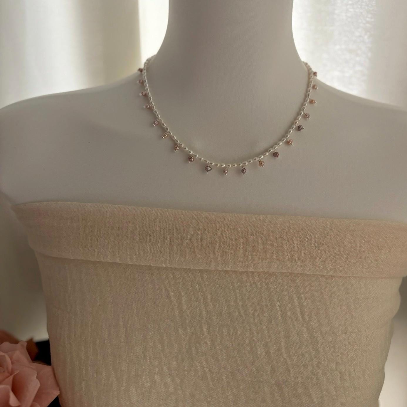 Pink & White Pearl Drop Choker