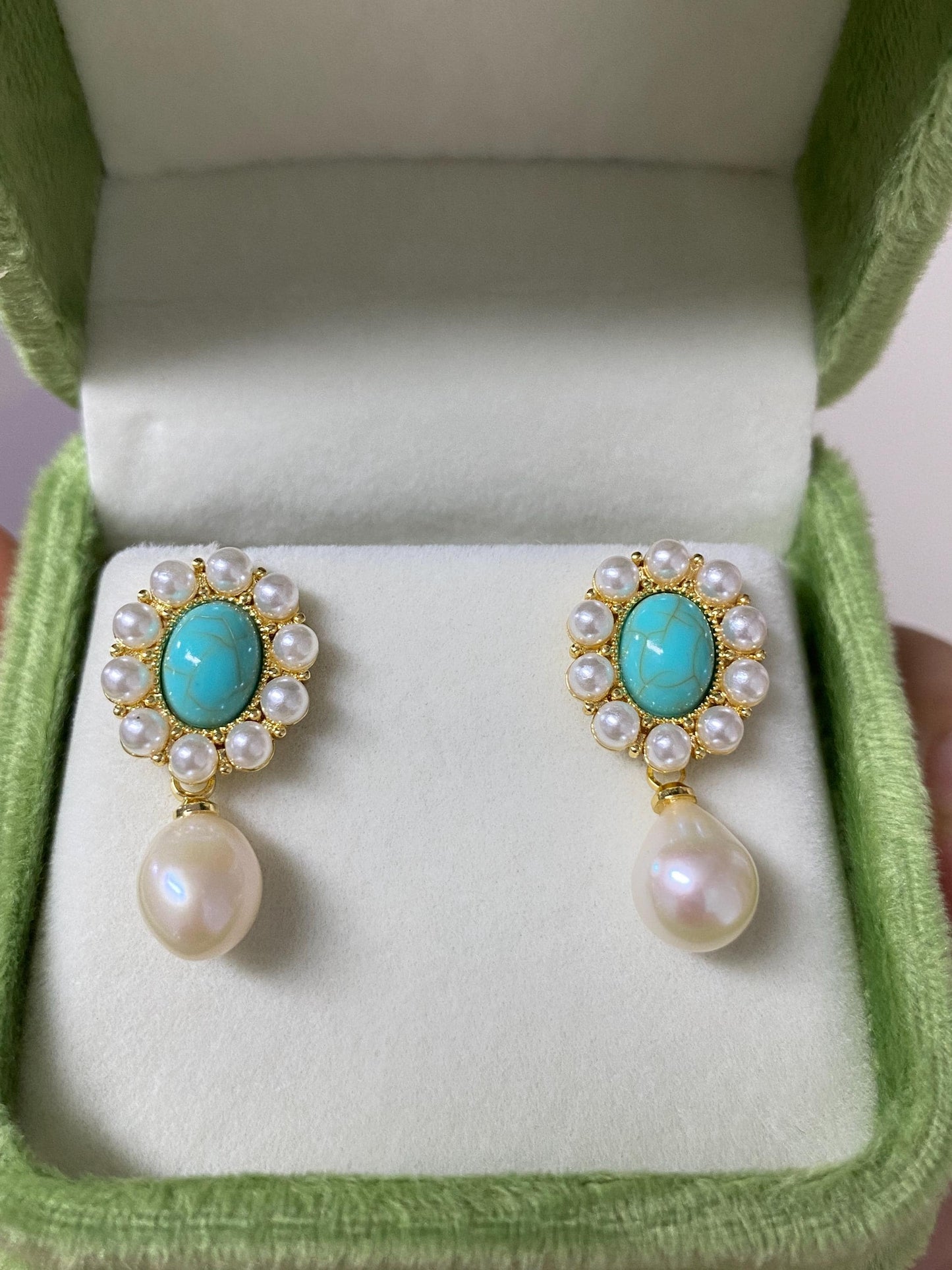 Vintage Turquoise & Baroque Pearl Dangle Earrings