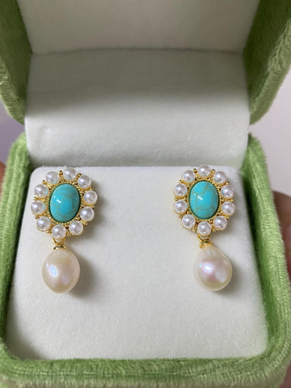 Vintage Turquoise & Baroque Pearl Dangle Earrings