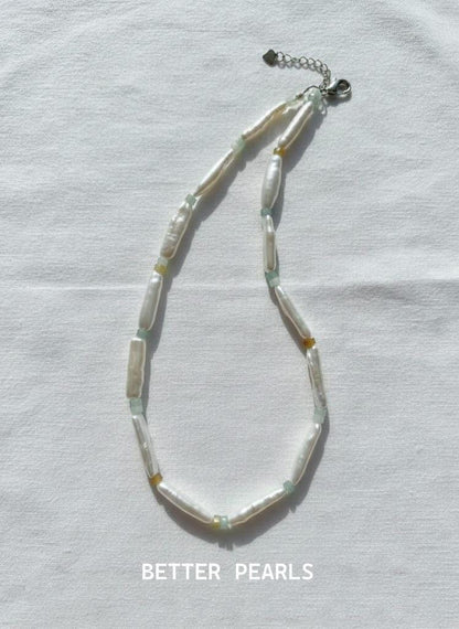 Freshwater Stick Pearl Necklace with Natural Jade Accents, Baroque Long Pearl Choker for Women, Boho Wedding Pearl Jewelry, Gift for Her