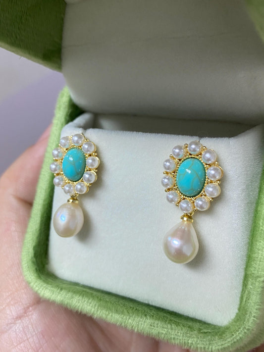 Vintage Turquoise & Baroque Pearl Dangle Earrings