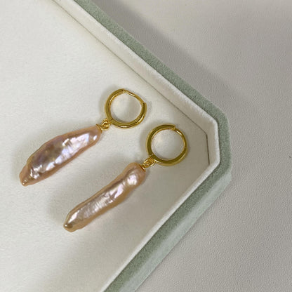 Gold Hoop Baroque Pink Purple Pearl Drop Earrings