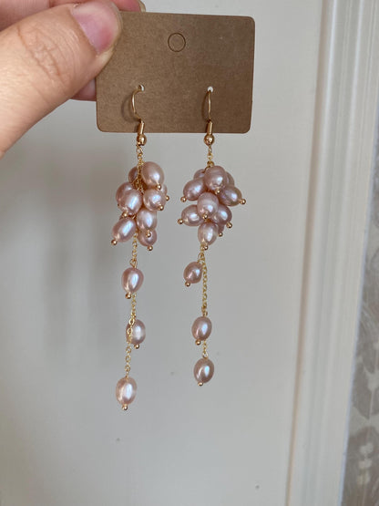 Pink Pearl Cluster Drop Earrings