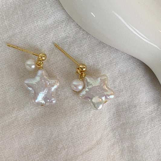 Baroque Star Pearl Earrings – Freshwater Pearl Drop Earrings – Gold Plated Handmade Jewelry – Unique Gift for Her