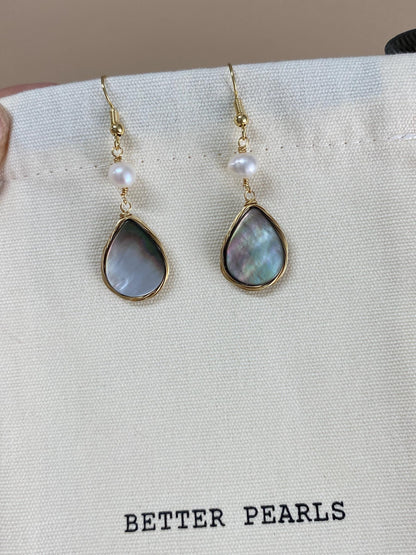 Natural Pearl and Shell Drop Earrings – Gold Plated Mother of Pearl Dangle Earrings, Elegant Minimalist Jewelry Gift