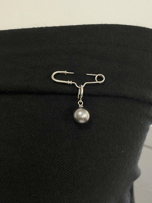 Tahitian Pearl Brooch – Genuine 12mm Grey Black Pearl on Sterling Silver Safety Pin, Modern Luxury Statement Jewelry Gift