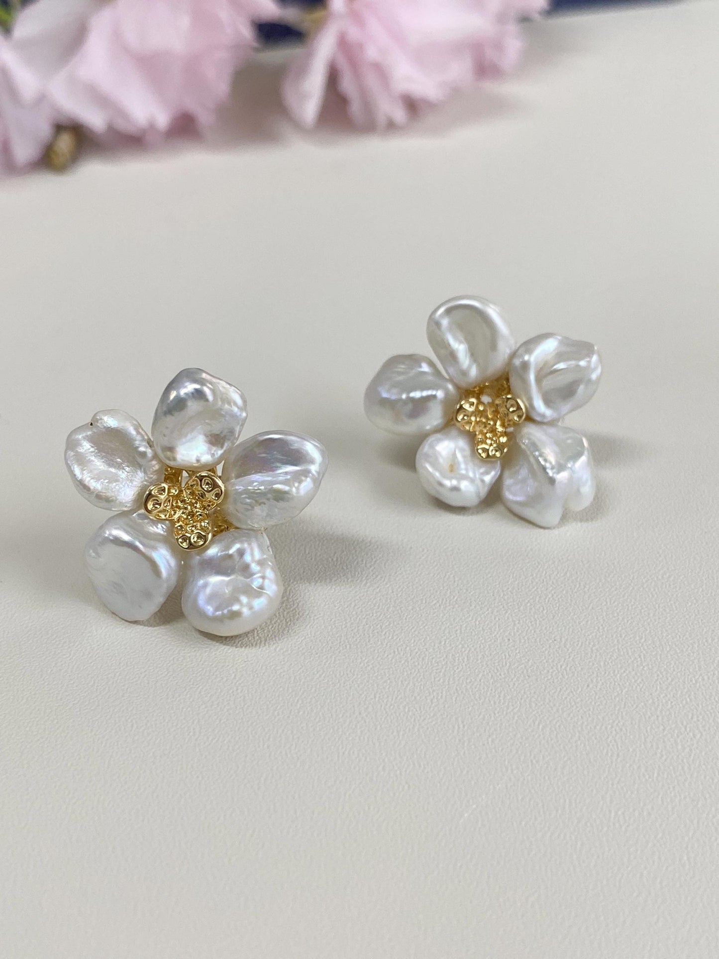 Handmade Baroque Pearl Flower Stud Earrings 18K Gold