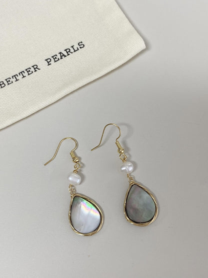 Natural Pearl and Shell Drop Earrings – Gold Plated Mother of Pearl Dangle Earrings, Elegant Minimalist Jewelry Gift
