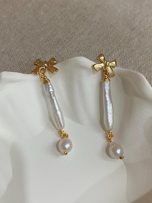 Gold Bow Baroque Pearl Drop Earrings