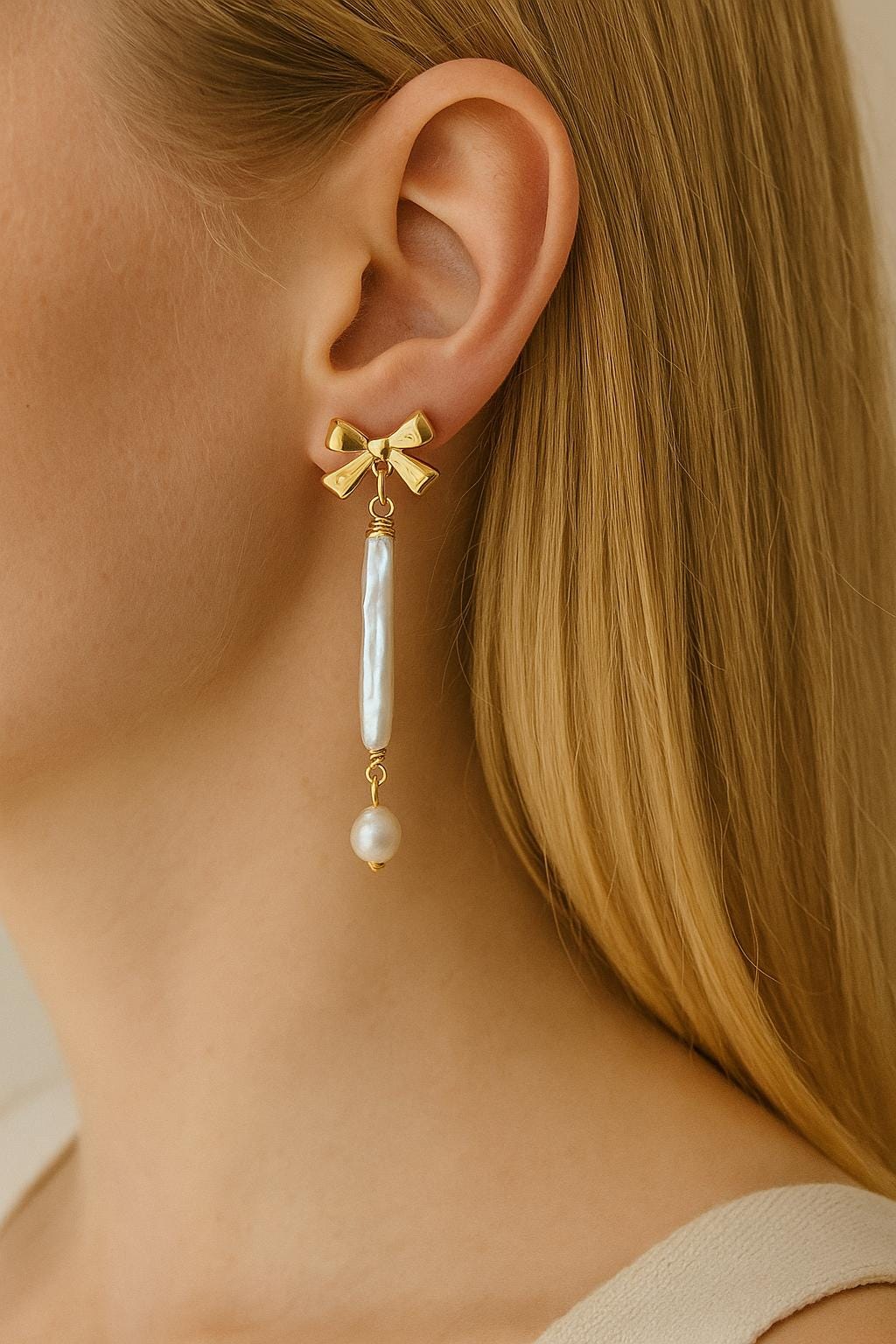 Gold Bow Baroque Pearl Drop Earrings