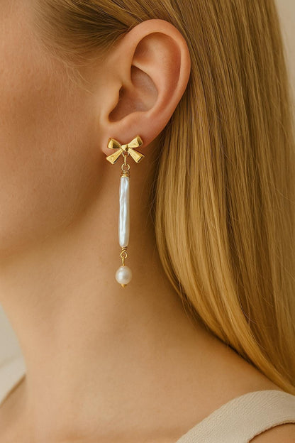 Gold Bow Baroque Pearl Drop Earrings