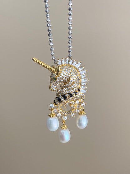 Unicorn Pearl Drop Brooch & Pendant 2-in-1