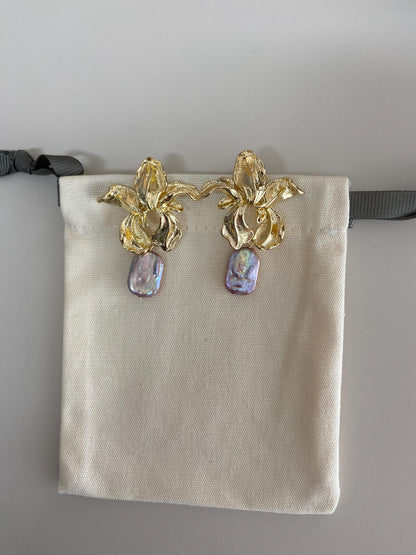 Gold Orchid Pearl Earrings