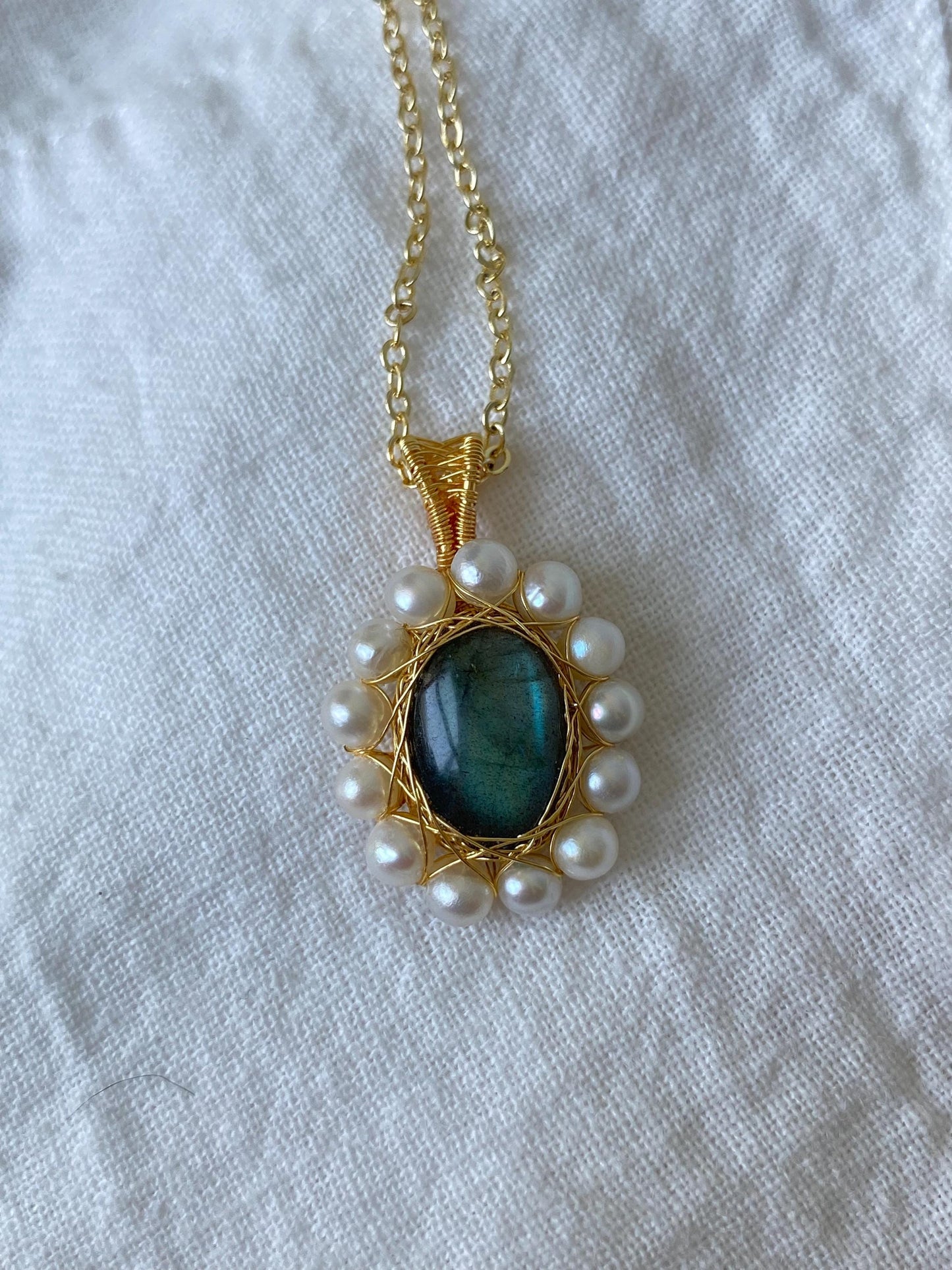 Labradorite & Pearl Wire Wrapped Pendant Necklace