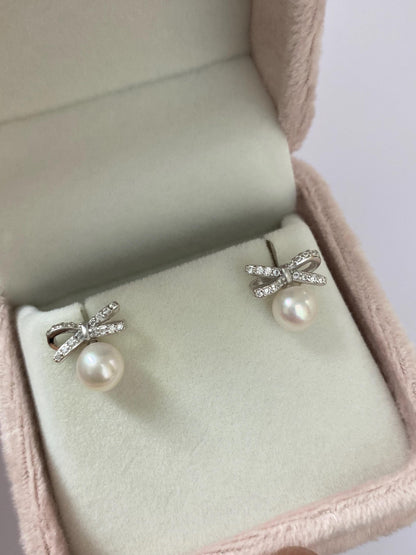 Akoya Pearl Bow Stud Earrings in Sterling Silver