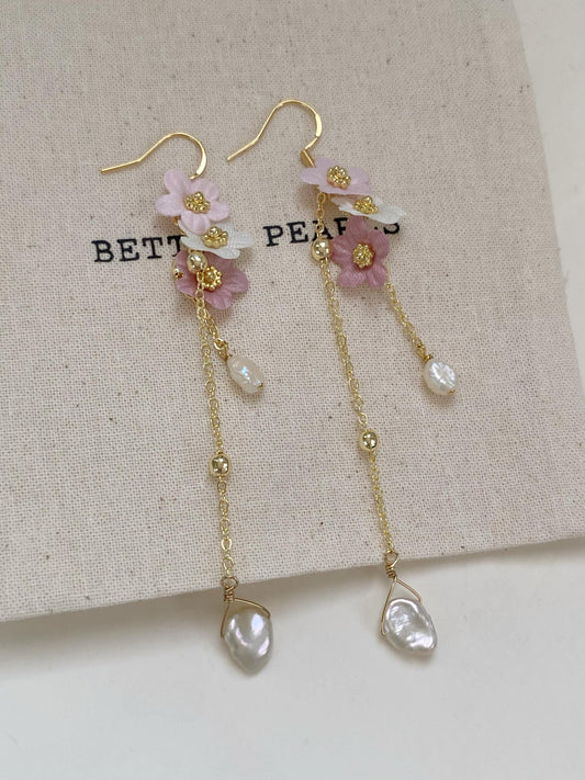 Asymmetrical Floral Pearl Earrings Handmade Baroque Dangle Fairycore Cottagecore Jewelry Pink Petals Gold Chain Drops