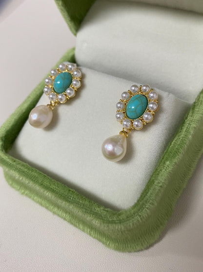 Vintage Turquoise & Baroque Pearl Dangle Earrings