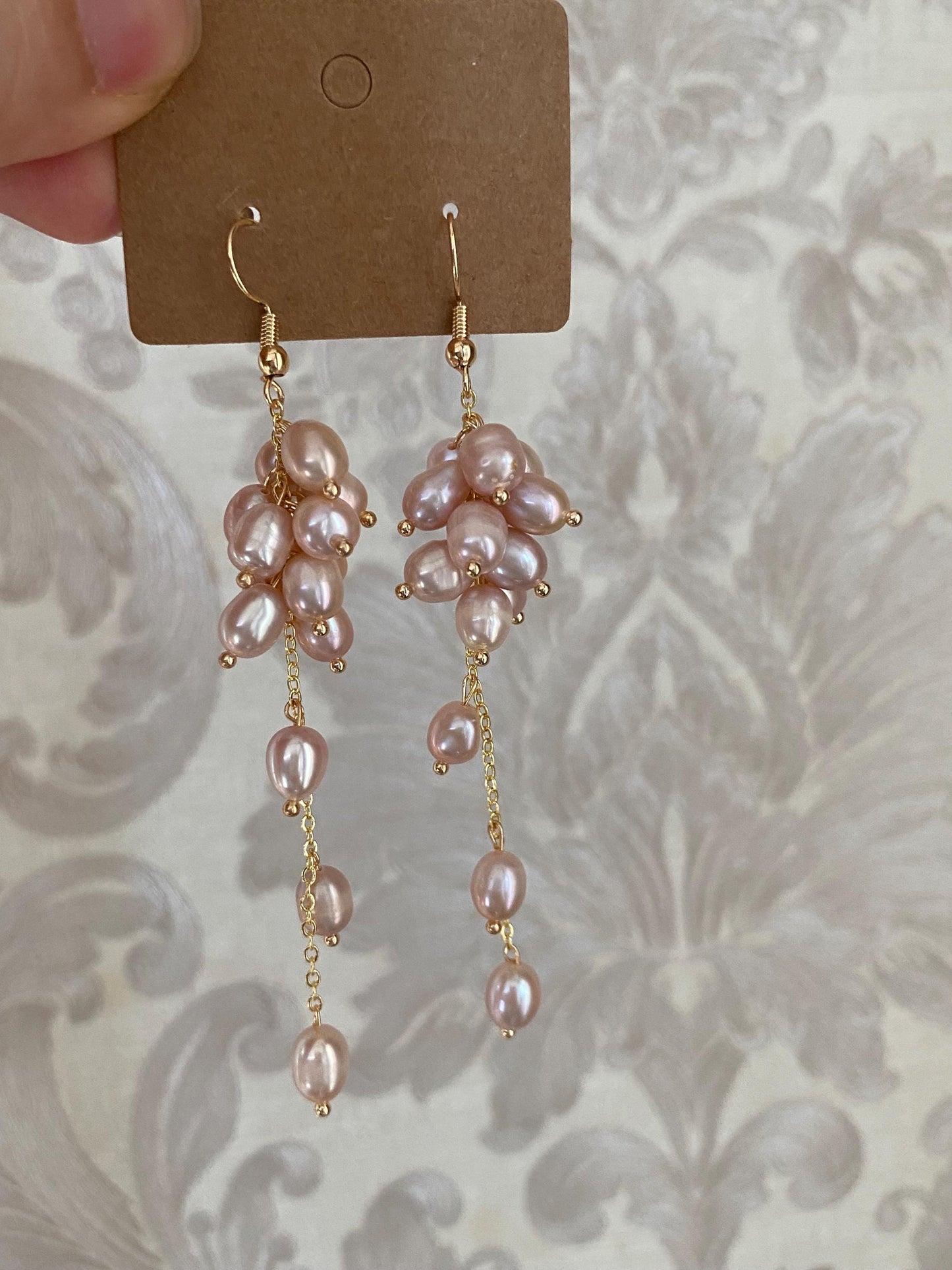 Pink Pearl Cluster Drop Earrings