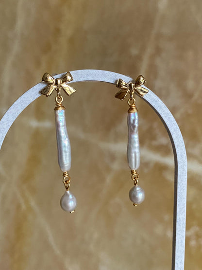 Gold Bow Baroque Pearl Drop Earrings