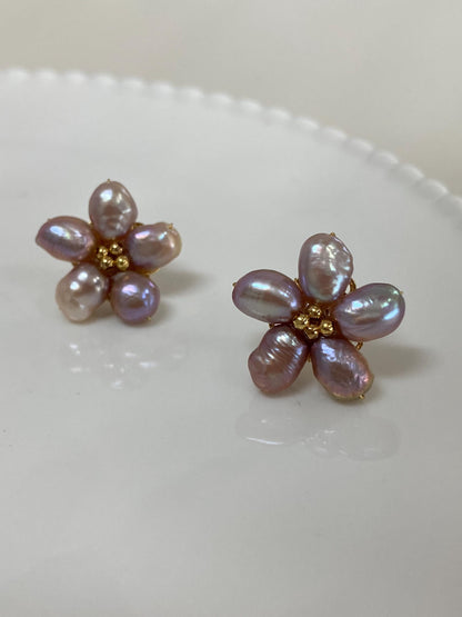 Spring Flower Purple Freshwater Pearl Stud Earrings