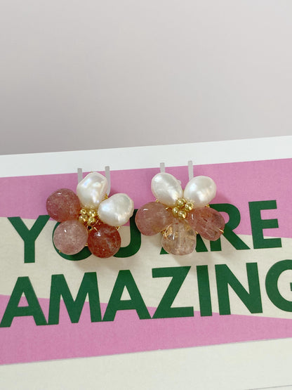 Spring Flower Sunstone & Pearl Stud Earrings