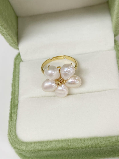Baroque Pearl Spring Flower Adjustable Ring