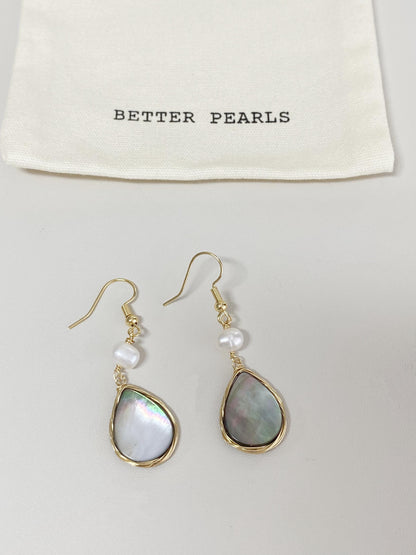 Natural Pearl and Shell Drop Earrings – Gold Plated Mother of Pearl Dangle Earrings, Elegant Minimalist Jewelry Gift