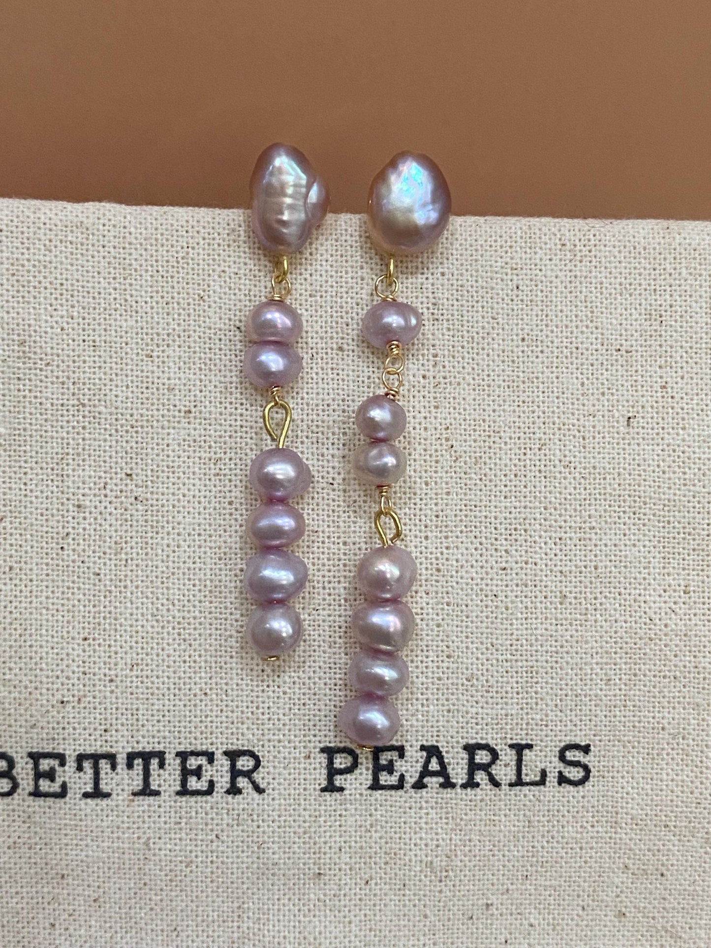 Baroque Lavender Pearl Drop Earrings, Long Dangle Real Pearl Earrings, Gold Filled Elegant Jewelry Gift for Her