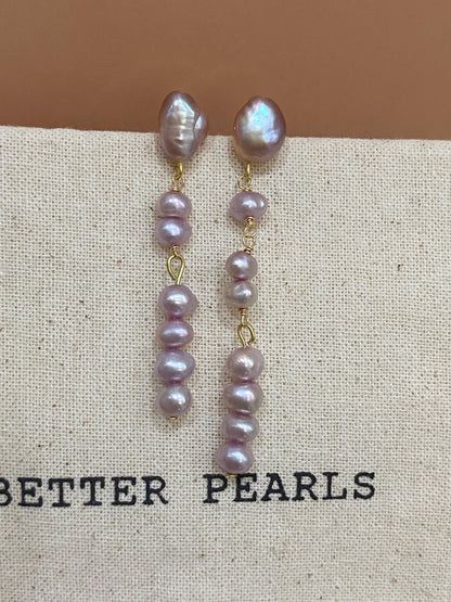 Baroque Lavender Pearl Drop Earrings, Long Dangle Real Pearl Earrings, Gold Filled Elegant Jewelry Gift for Her
