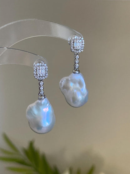 Baroque Pearl Drop Earrings – Sterling Silver and Cubic Zirconia Statement Earrings, Gift for Her