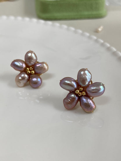 Spring Flower Purple Freshwater Pearl Stud Earrings