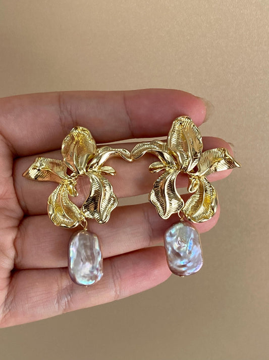 Gold Orchid Pearl Earrings