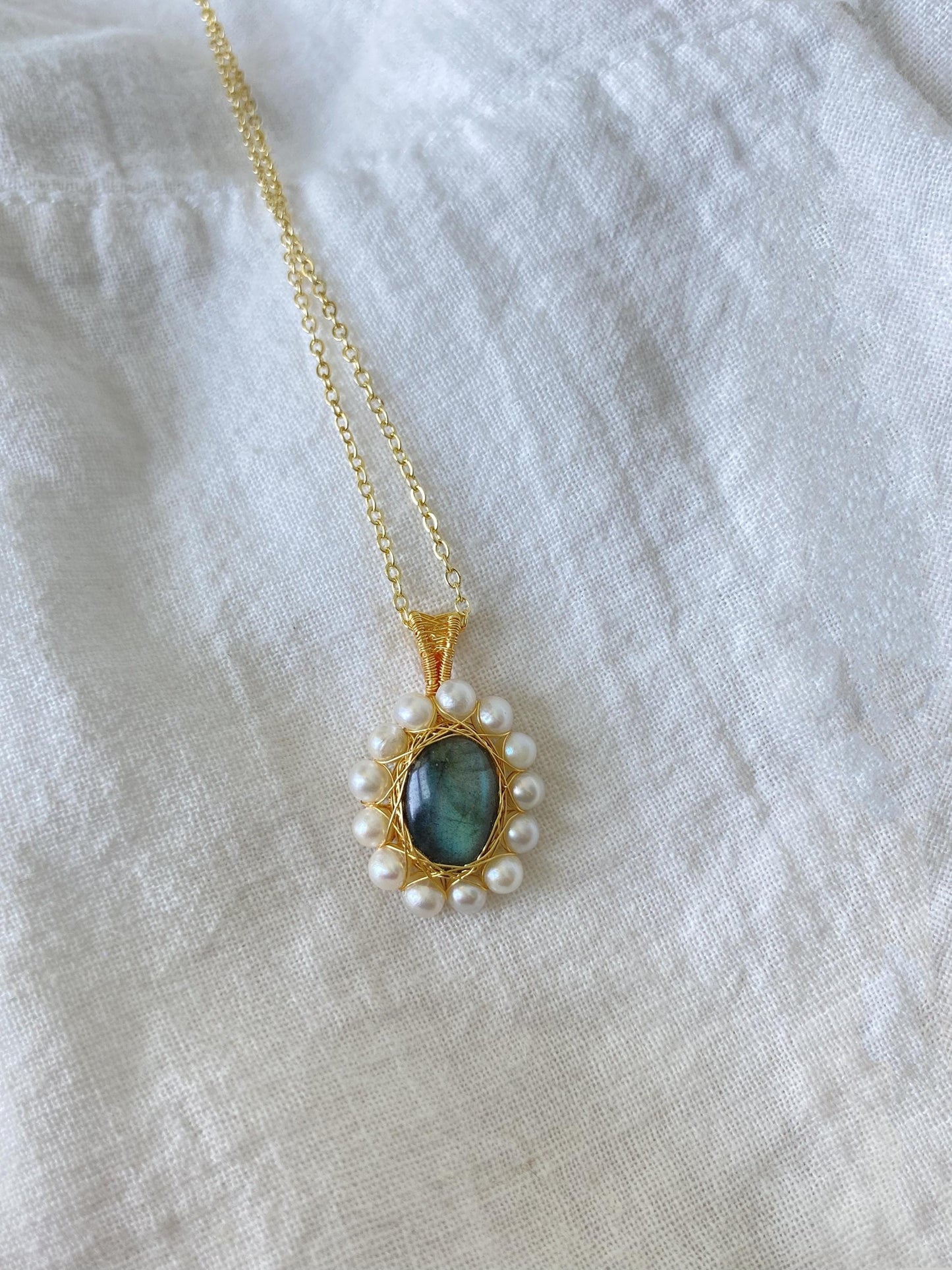 Labradorite & Pearl Wire Wrapped Pendant Necklace