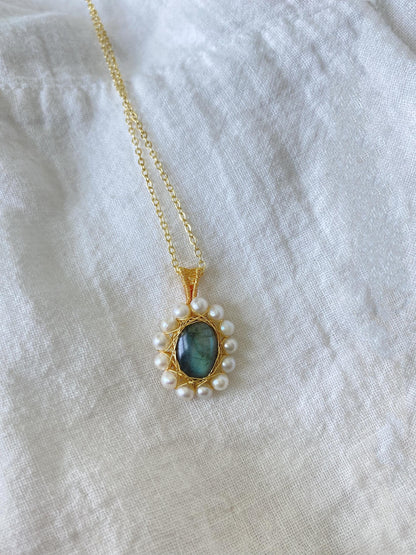 Labradorite & Pearl Wire Wrapped Pendant Necklace