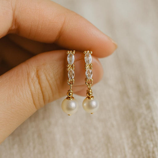Freshwater Pearl & CZ Drop Earrings