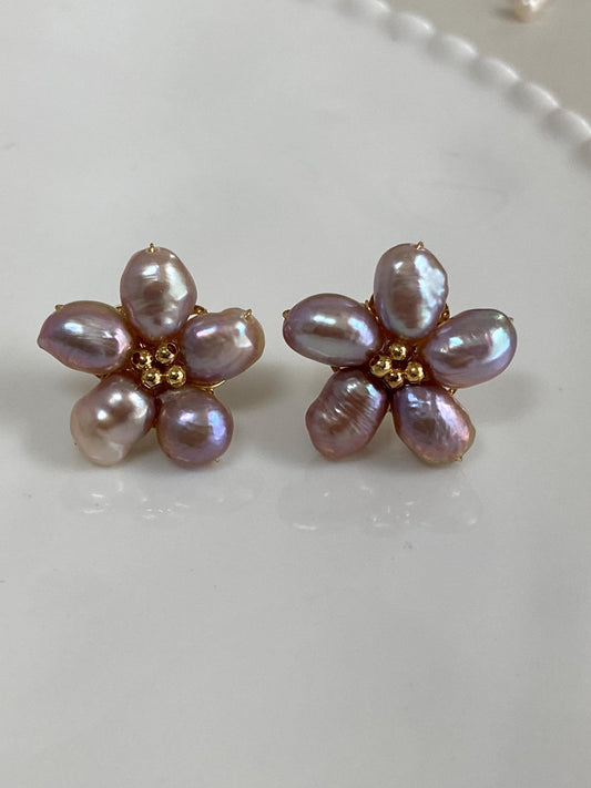 Spring Flower Purple Freshwater Pearl Stud Earrings